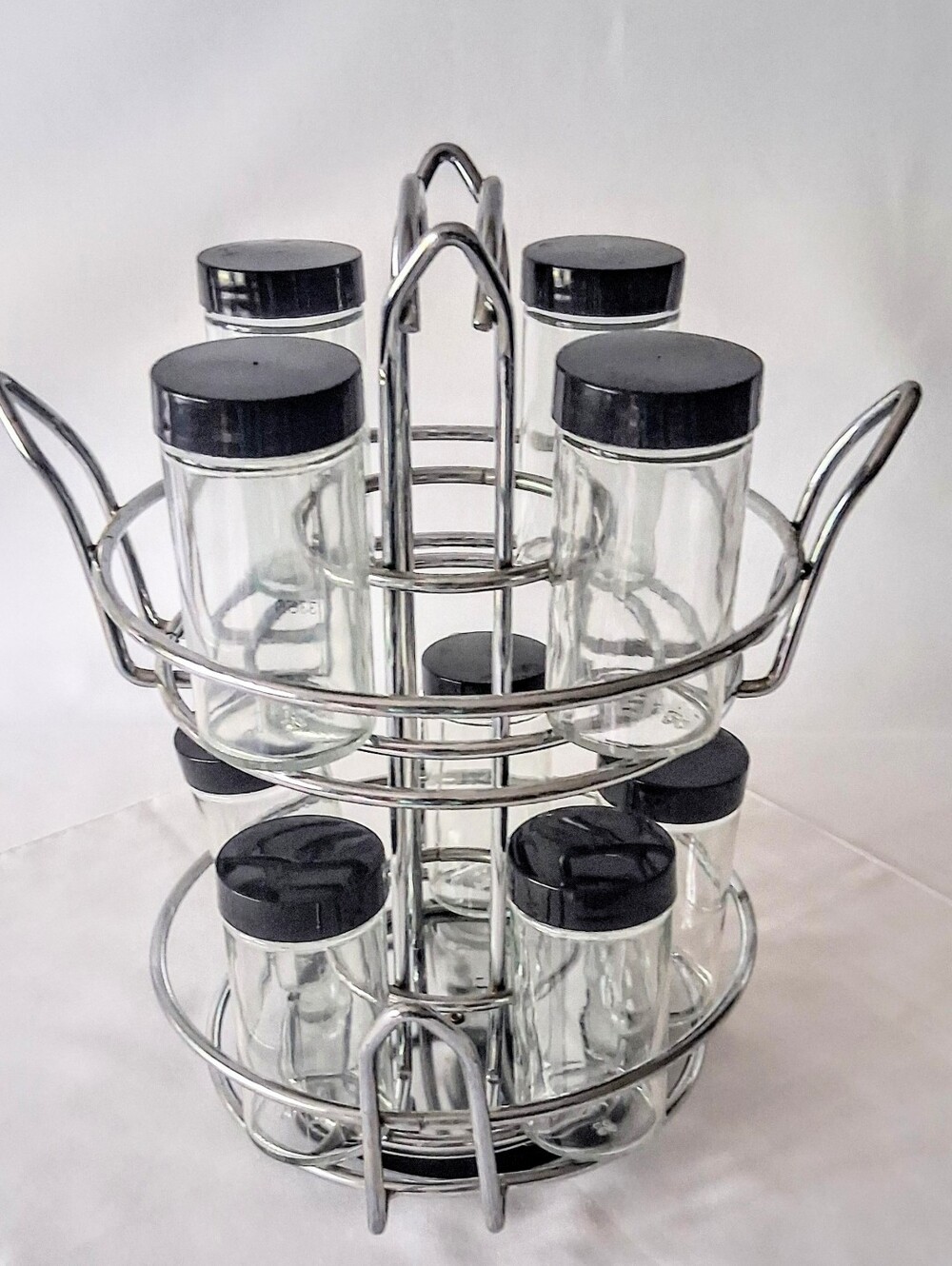 Vintage Chrome Spice Rack & Glass Jars - Lazy Susan Base